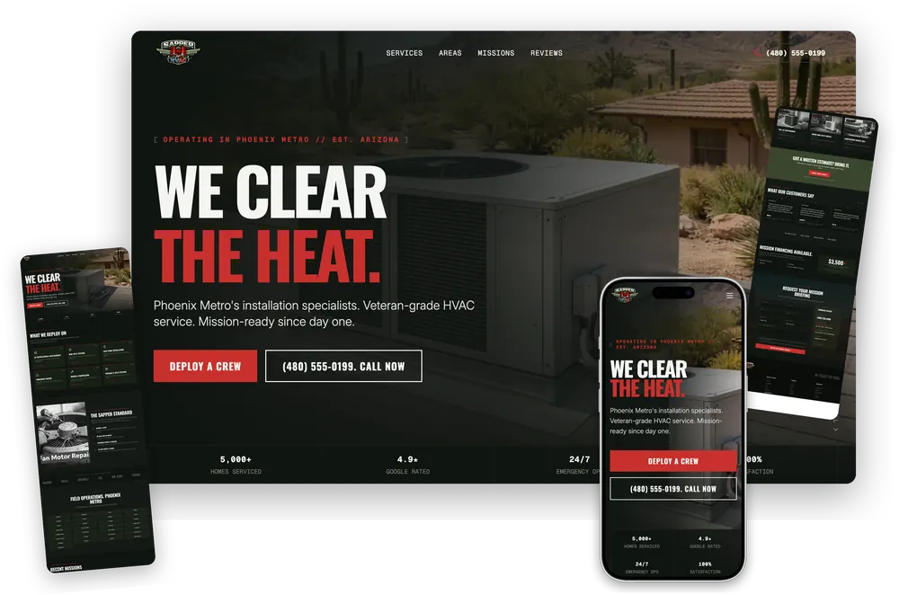 Sapper HVAC website, shown on desktop and mobile