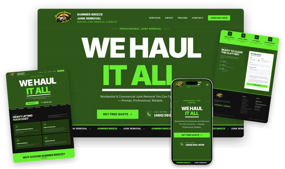 Junk Removal Co. website, shown on desktop and mobile