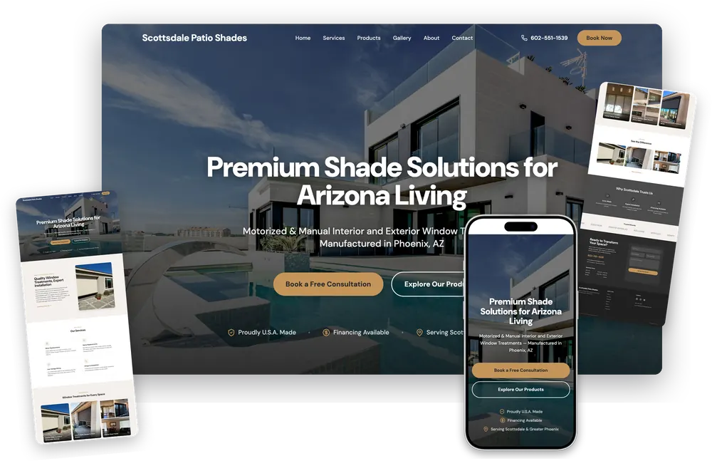 Scottsdale Patio Shades website, shown on desktop and mobile