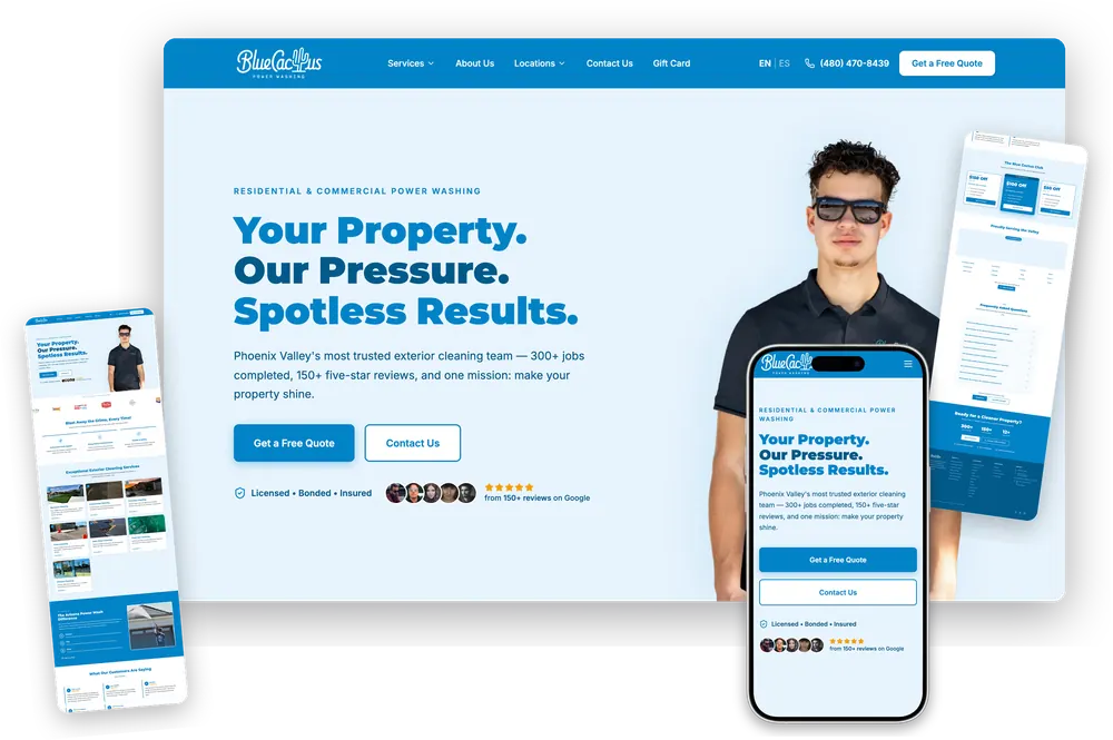 Blue Cactus Power Washing website, shown on desktop and mobile