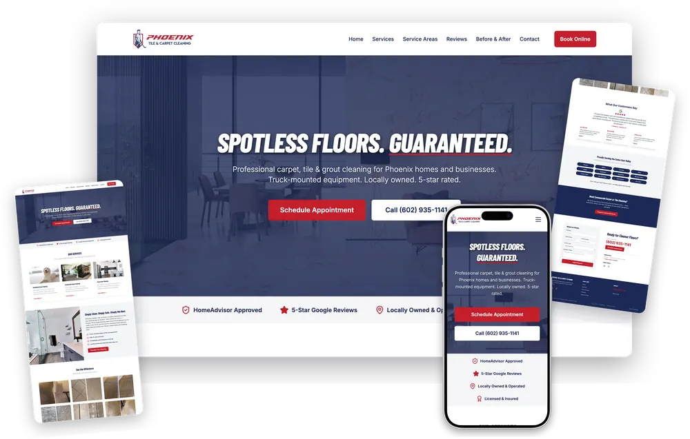 Phoenix Tile & Carpet Cleaning website, shown on desktop and mobile